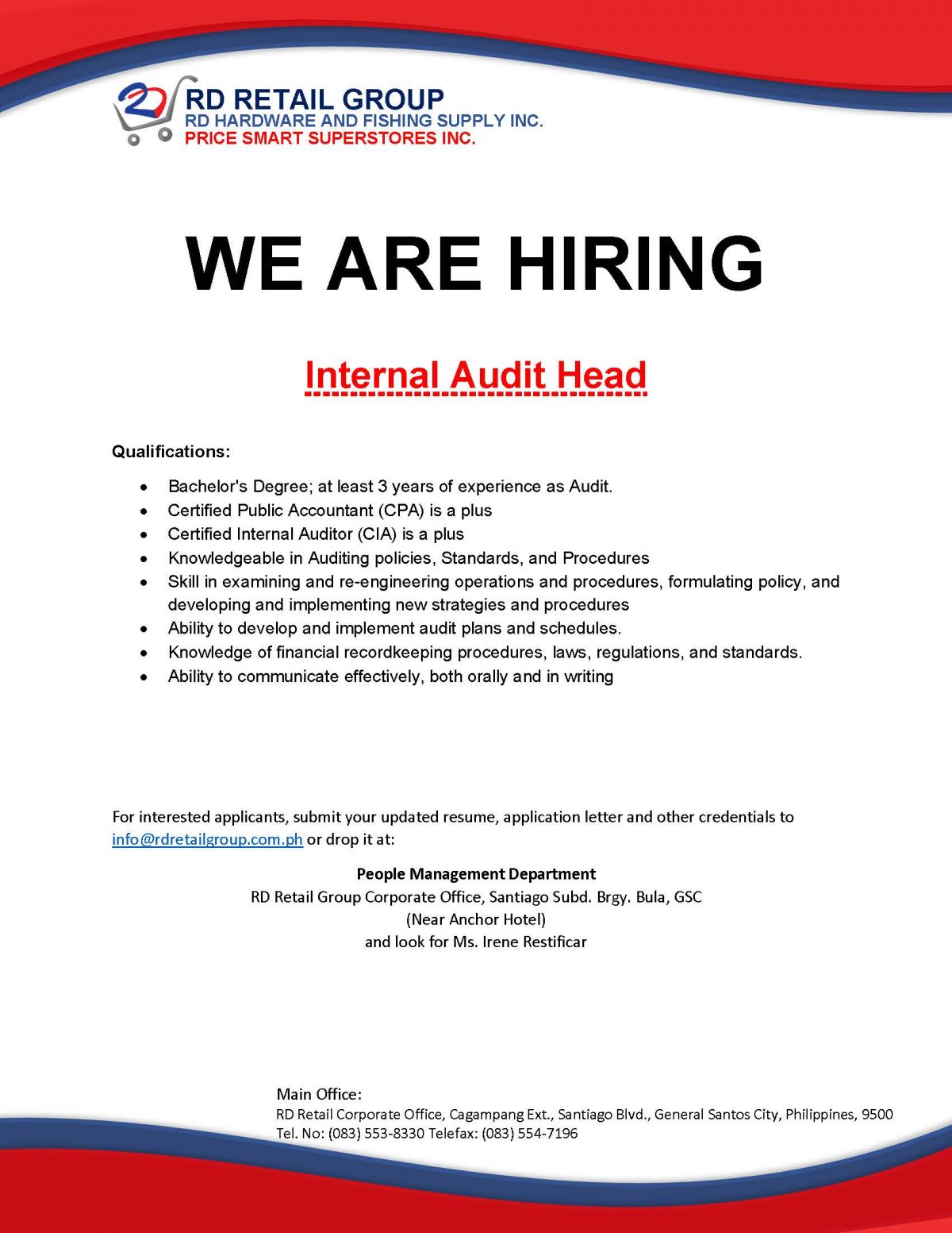 Hiring Internal Audit Head (RD RETAIL) RD Corporation